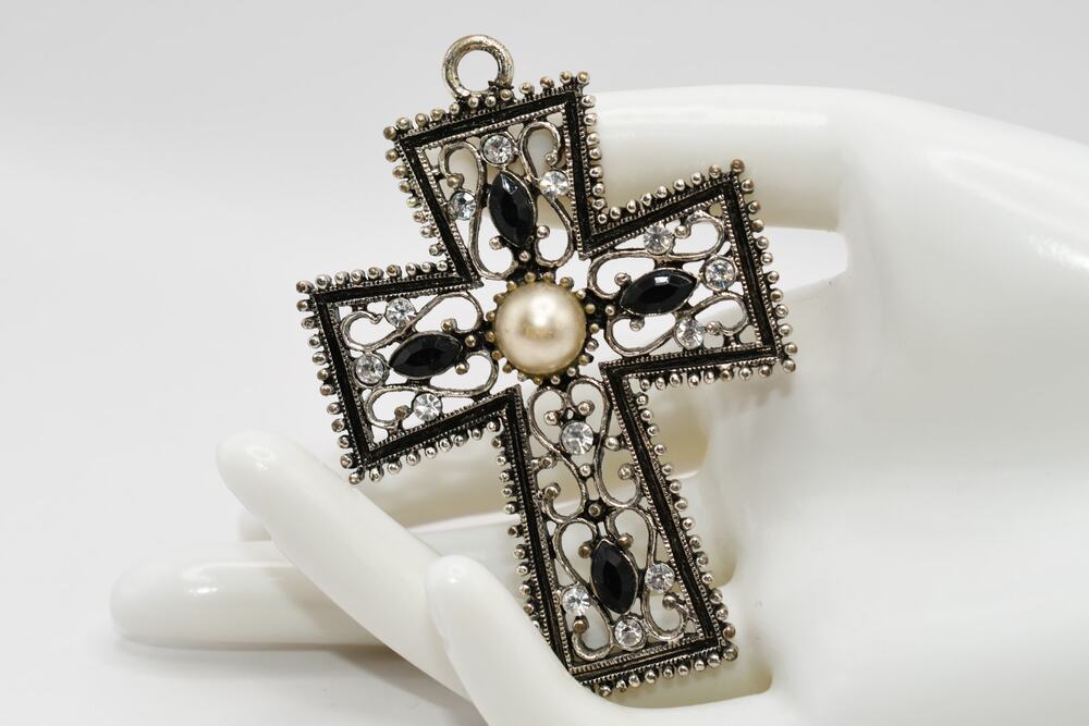 Vintage Silver Tone Cross Pendant Black Rhinestones 3 Inch